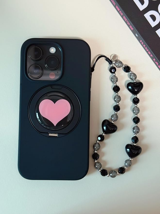 Drawwind Phone Charm Beaded Wristlet Strap Universal Cell Phone Lanyard Cute Bracelet Wrist Strap Beaded Chain String Handmade Accessories for Case Camera Bags (Black Hearts) - Image 3