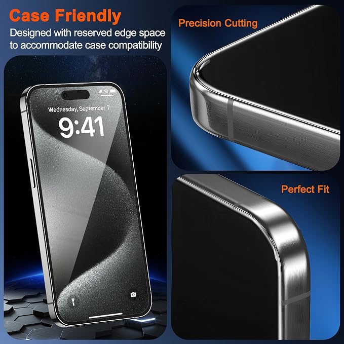 SIBEITU Screen Protector + Camera Lens Protector for iPhone 15 Pro 6.1 Inch | 3 Pack Screen Tempered Glass + 3 Pack Camera Lens, HD Clear 9H Hardness, Scratch Resistant, Sensor Protection, Case Friendly - Image 6