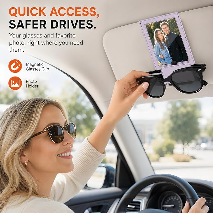 2-in-1 Car Visor Sunglasses & Photo Holder, Magnetic PU Leather Glasses Clip with Picture Display Slot, Universal Sun Visor Organizer for Eyeglasses, Personalized Cards & Memories, Lavender - Image 2