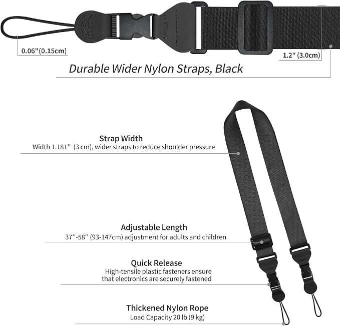 FIEIL Adjustable Shoulder Strap, Nylon Camera Strap, Comfortable Neck Strap for iPad, Cellphone Tablet, Camera, Laptop, Binocular, Luggage Bag (Black Universal Lanyard) - Image 6