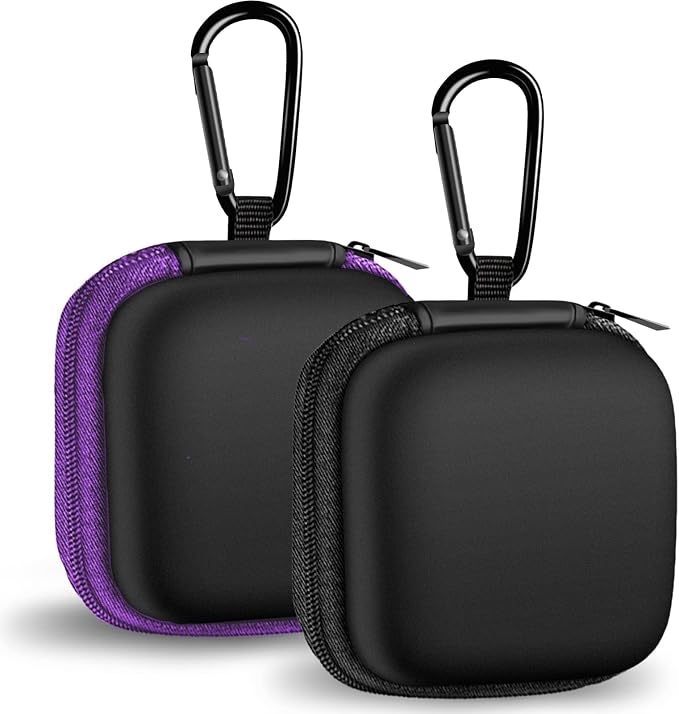 2Pack Square Earbud Case Portable EVA Carrying Case Storage Bag Cell Phone Accessories Organizer with Carabiner for Earphone, Earbud, Earpieces, SD Memory Card, Camera Chips, Black/Purple by Woyinger