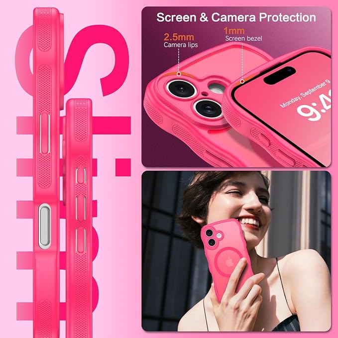 BENTOBEN Magnetic for iPhone 16 Case, Cute Wavy [Full Camera Protection][Compatible with MagSafe] Matte Anti-Slip Bumper Women Girls Boys Protective Cover for iPhone 16 6.1",Hot Pink - Image 4