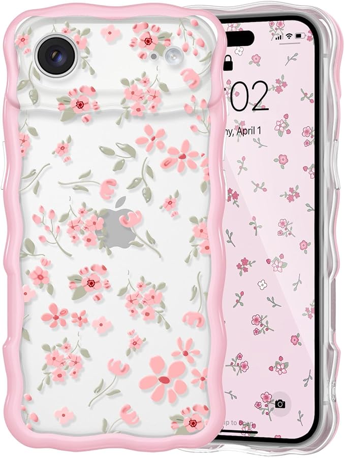 QLTYPRI for iPhone Air Pink Flower Case, Clear Cute Pink Floral Flower Phone Case Curly Wavy Aesthetic Phone Cover, Soft Slim Transparent TPU Shockproof Protective Cover for Women Girls - Pink by QLTYPRI