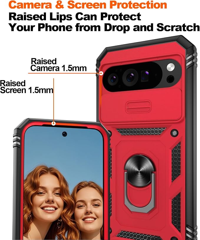 Gritup for Google Pixel 10 Pro XL Case with Screen Protector*2, Magnetic Stand & Slide Camera Cover, Shock Proof Military-Grade Phone Case, Red+Black - Image 5