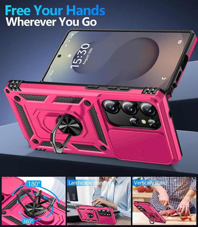 Taisairu for Samsung Galaxy S25 Ultra Case with Screen Protector & Slide Camera Lens Cover, Built-in Magnetic Ring Stand Shockproof Protective Phone Case for Samsung S25 Ultra Case (Hot Pink) - Image 3