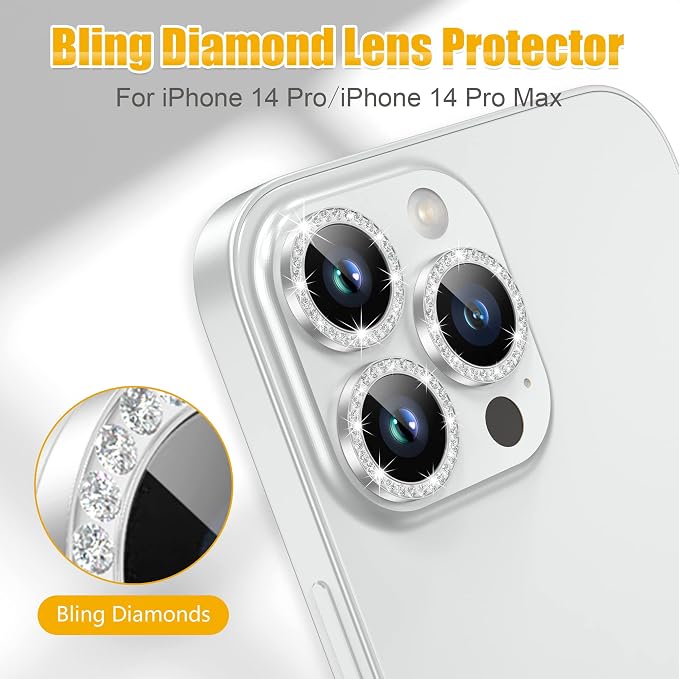 AGVEE 3+3 6 Pack for iPhone 14 Pro & Max Camera Lens Protector Cover | Individual Bling Diamond & Bling Glitter Sparkle Cute Gem Metal Ring, 9H Tempered HD Glass - Image 4