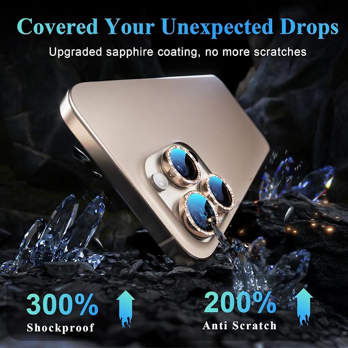 YWXTW Designed for iPhone 16 Pro/iPhone 16 Pro Max Camera Lens Protector Bling, [New Glitter Design] Individual Metal Tempered Glass Camera Cover Accessories Case Friendly (Desert Titanium) - Image 3