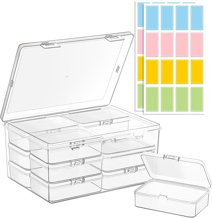 zoeynex Medium Plastic Organizer Boxes, 12 Clear Containers with Hinged Lids, for Beads, Jewelry, Crafts, Electronics, Hardware, School Supplies (32 Labels) by zoeynex