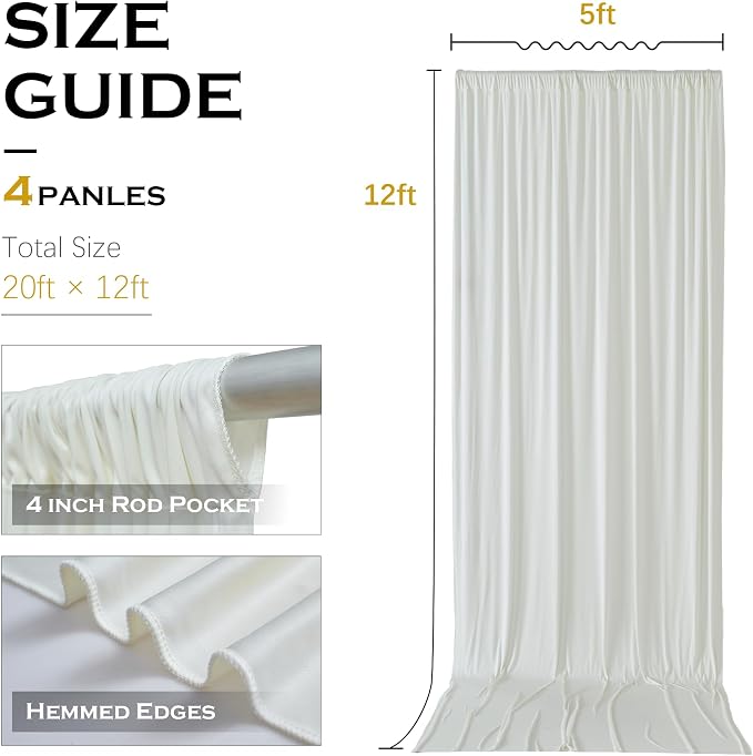 20x12 ft Ivory Backdrop Curtains for Weddings Parties, Birthdays and Photos | 4 Panels 5x12 ft, Wrinkle-Free Polyester Drapes, Washable, Ironable, 4 in Rod Pocket for Baby Showers Photography Background - Image 8