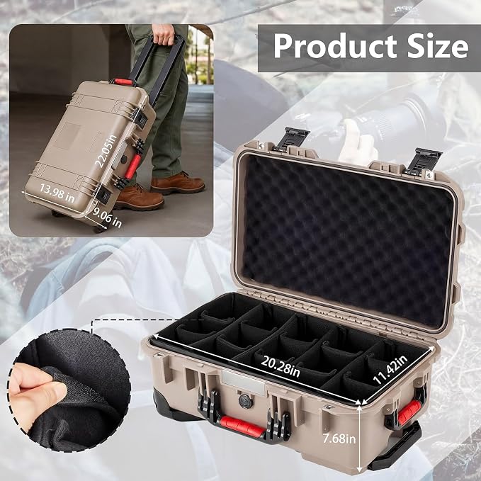 Relaxweex Rolling Camera Hard Case with Padded Dividers & Wheels, Impact-resistant Hard Shell Travel Case for Cameras, Lenses & Accessories(22 x 14 x 9 Inch,Sand Color) - Image 2