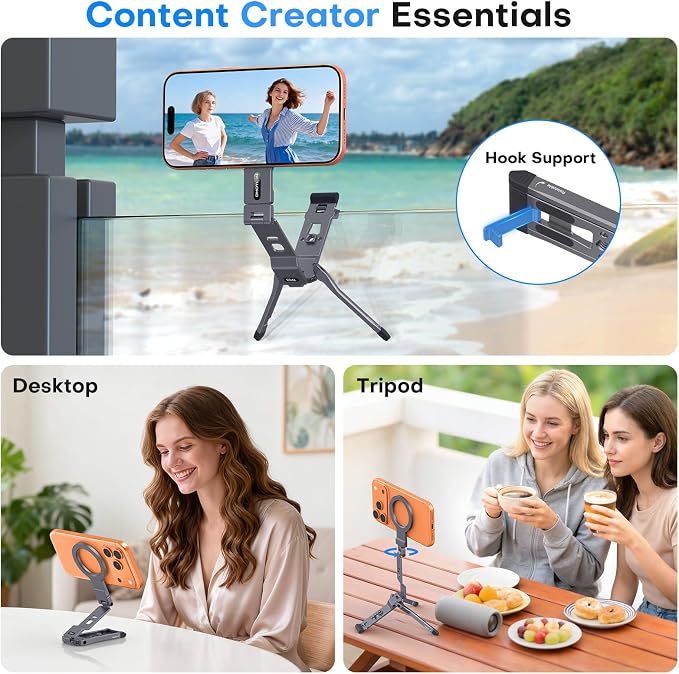 OMOTON TP03 [Ultra-Slim] 360° Rotating for MagSafe Tripod with Hook, Gray | Magnetic Phone Tripod for iPhone 17/16 Pro Max Air, Fold Cell Phone Stand with 1/4" Screw, Fits Vlog, Travel, Gym, Women Men - Image 3