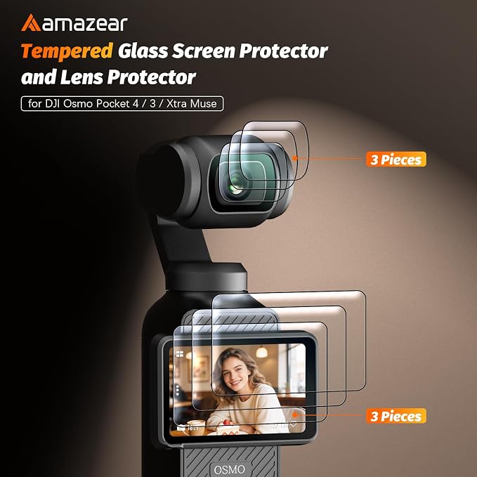 AMAZEAR Lens Screen Protector for DJI Osmo Pocket 4/3 / Xtra Muse (6 Pack), Pocket4 Accessories Tempered Glass Screen Protector OLED Display, Full Protection, Ultra HD, 9H Hardness, Scratch Resistant - Image 2