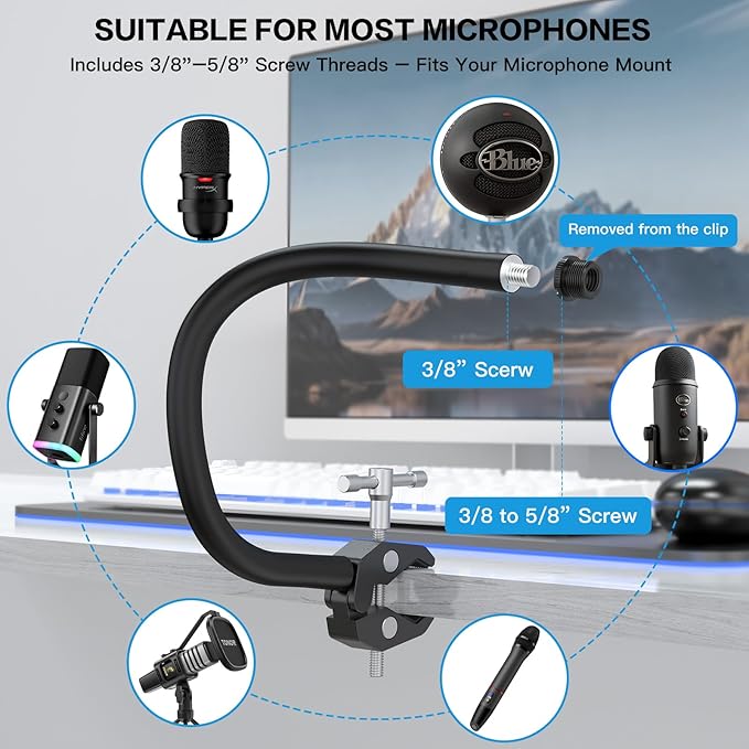 ZealSound Gooseneck Microphone Stand with Clamp, Flexible 13'' Boom Arm Mic Mount for Desk & Pipes, Compatible with Blue Yeti, Snowball, Razer, Pyle, Podcasting & Streaming - Image 4
