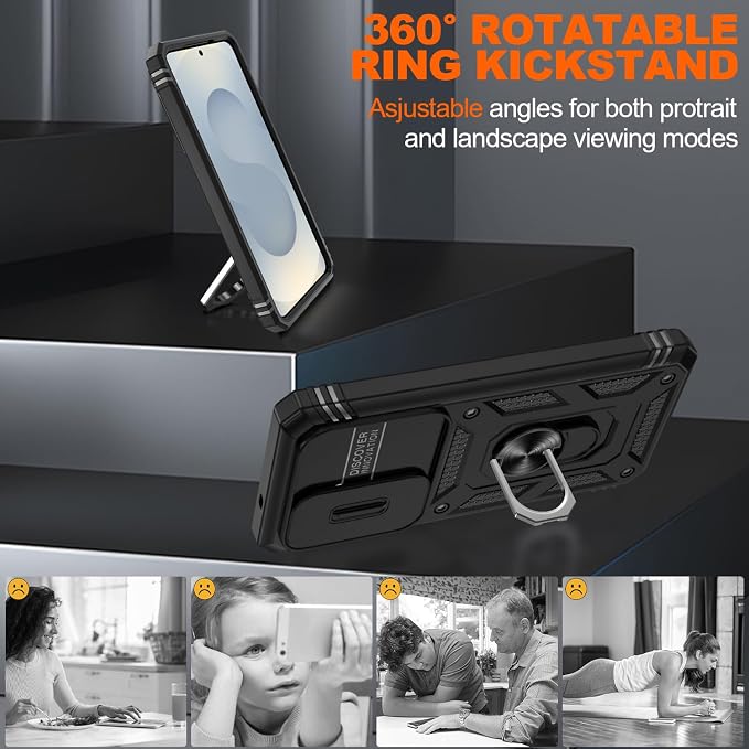 Gritup for Samsung Galaxy S26 Plus Case: 2*Screen Protector | Slide Camera Cover | Build in 360° Rotating Ring Kickstand | Military Grade Protective Cover for Samsung S 26 Plus, Black - Image 8