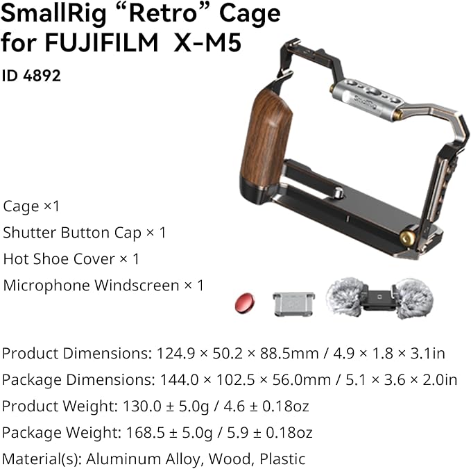 SmallRig Retro Cage for FUJIFILM X-M5, Built-in Wooden Handgrip and Quick Release Plate for Arca, Included Windshield/Hot Shoe Cover/Shutter Release Button - 4892 - Image 7