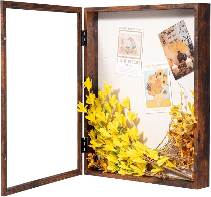 Muzilife 16x20 Shadow Box Picture Frame, 2.16 Deep, Real Glass, Honey Brown | FSC-Wood, Magnetic Door, Linen Interior & Pins, Vertical, Horizontal Wall Hanging, Display Case Frame for Photos & Keepsakes by Muzilife