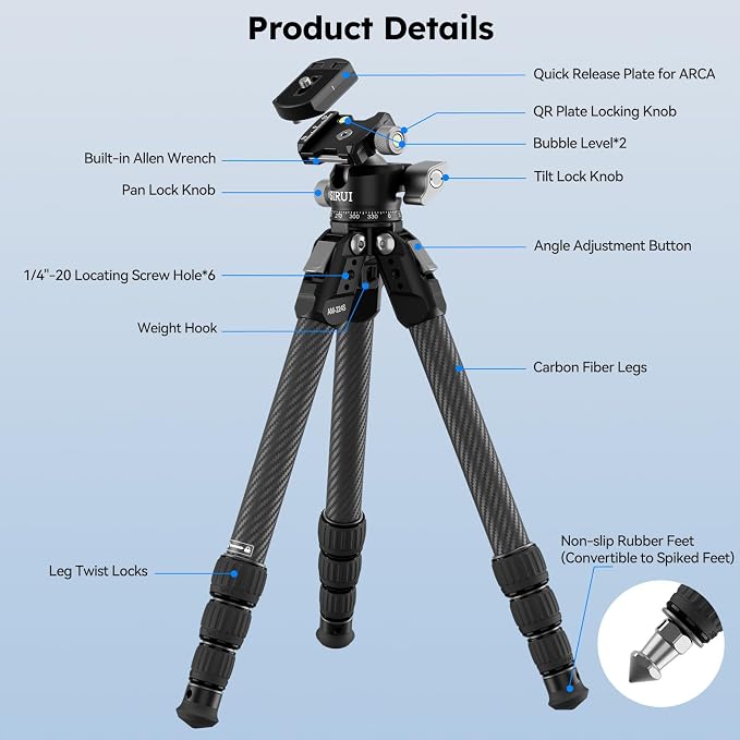 SIRUI AM-224S+G0 Carbon Fiber Mini Tripod, G0 Low Profile Ball Head | 31.5" Height, Lightweight, Metal Spikes, Tabletop, Macro Photography, Travel, Vlogging, DSLR, Mirrorless Camera - Image 3