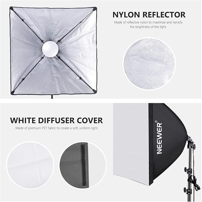 NEEWER 700W Equivalent Softbox Lighting Kit, 2Pack UL Certified 5700K LED Lighting Bulbs, 24x24 inches Softboxes with E26 Socket, Photography Continuous Lighting Kit Photo Studio Equipment - Image 4