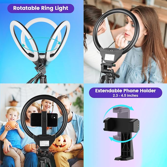 Sensyne 10'' RGB Ring Light with 50'' Extendable Tripod Stand, Circle Lights with Phone Holder for Live Stream/Makeup/YouTube Video/TikTok, Compatible with All Phones - Image 3