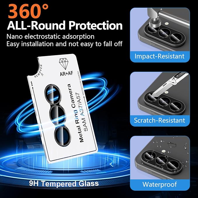 for Samsung Galaxy A37/A57 Camera Lens Protector, Individual Metal Ring Tempered Glass Lens Cover, [Strong Adsorption] Scratch Resistant Ultra-Thin HD Clear Lens Cover, 1 Set-Black Ring - Image 2