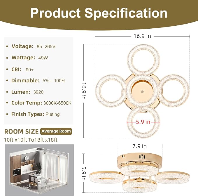 Modern Ceiling Light, 5 Rings 16.9'' Dimmable LED 49W Flush Mount Ceiling Lights with Remote Acrylic Crystal Round Ceiling Light Fixture, Bedroom Living Room Dining Room, Gold - Image 3