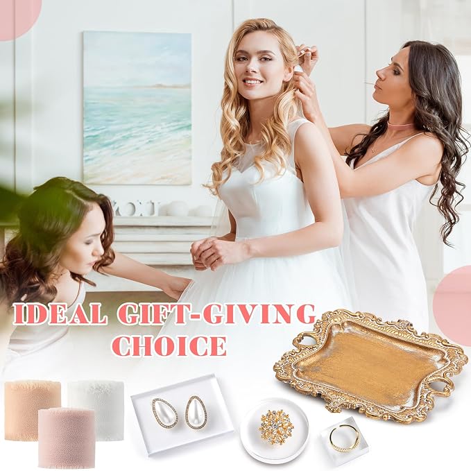 Cinnvoice 8 Pcs Flat Lay Photography Props Set for Jewelry & Wedding Details, Vintage Jewelry Tray, Acrylic Display Blocks, Chiffon Silk Ribbon for Bridal Party Decor Gift(2 Square 2 Round Bases) - Image 6