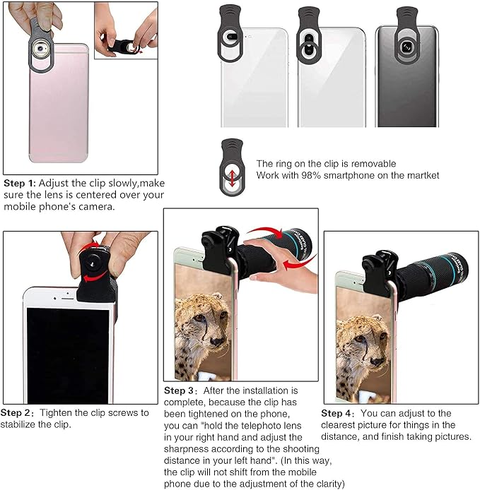 Phone Camera Lens Kit 10 in 1 for iPhone Samsung Pixel Android, 22X Telephoto Lens, 0.62X Super Wide Angle Lens&25X Macro Lens, 235° Fisheye,Kaleidoscopes, Starlight，Tripod，for Most Smartphone Black - Image 6