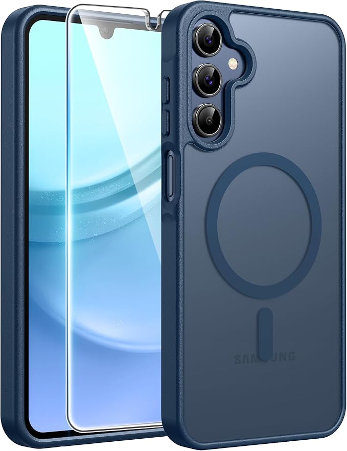 FNTCASE for Galaxy A15 5G Phone Case, Screen Protector, Blue | Translucent Matte Magnetic Back, 14FT Military Grade Drop Protection, Shockproof Protective, for Samsung A 15 Cover by FNTCASE