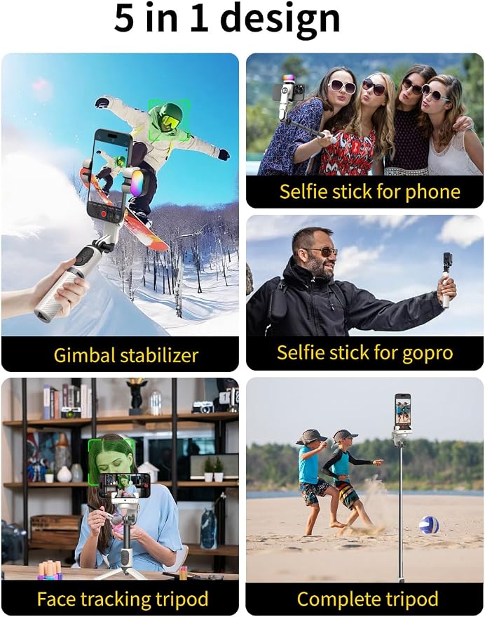 AOCHUAN Gimbal Stabilizer for iPhone, Sefie Stick with Auto Face Tracking | Tripod with Auto Face Tracking for TIK Tok YouTube Video Recording, 4 in 1 Gimbal Stabilizer with 360° Rotation-M1 Pro White - Image 6