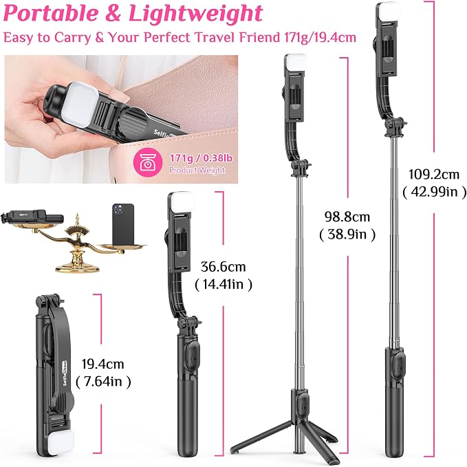 Selfie Stick Tripod with Fill Light, All in One Extendable Selfie Stick with Detachable Wireless Remote, Flexible Phone Tripod Stand Compatible with iPhone/Galaxy, Compact Size & Lightweight - Image 7