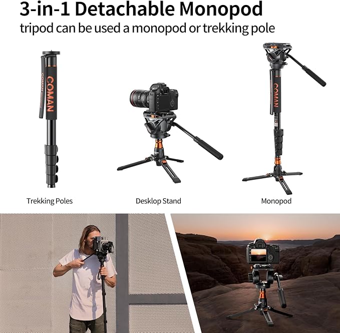 Monopod for Camera, COMAN Camera Monopod with Feet Q6 Fluid Head with Tripod Stand 71.25 inch Max Load 22 Lbs for Photography, Cameras, Canon, Nikon, Sony, DSLR, Video Camcorder - Image 6