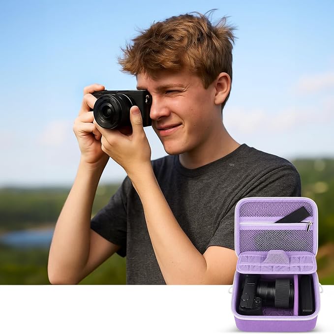 casmilee Camera Case for Sony Alpha ZV-E10 Alpha a6400/ a6700/ a6100/ a6000/ a6600/ a6500 Mirrorless Digital Camera, Hard Travel Bag with a Shoulder Strap for Lens & Accessories (Purple, Medium) - Image 9