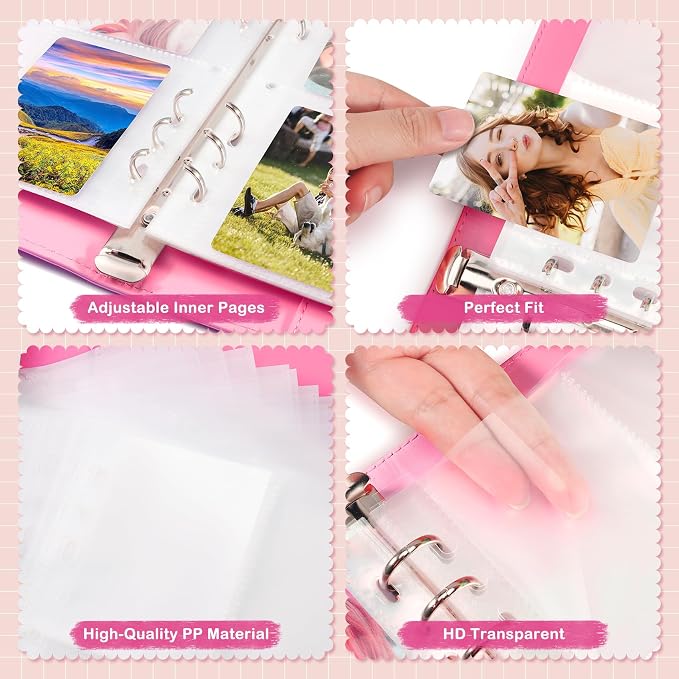 A5 Kpop Photocard Binder, PU Leather 6-Ring Album with Magnetic Closure, Includes 30 Pack 4-Pocket Pages for 240 Cards, Card Holder for Trading and Collectible Cards (Rose) - Image 3