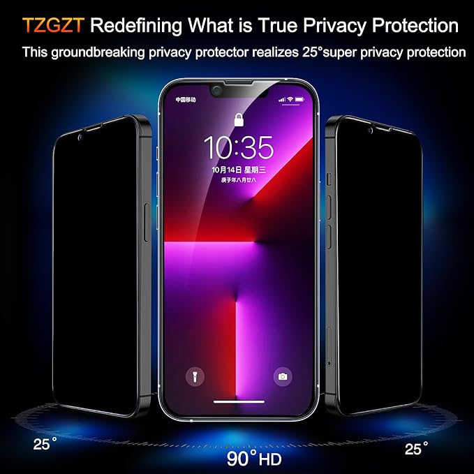 TZGZT Privacy Screen Protectors for iPhone 13 Pro Max, Tempered Glass,HD | 3 Pack, 9H+ Military Grade Shatterproof, Easy Installation, Bubble Free, Case Friendly, Includes Camera Lens Protectors - Image 3