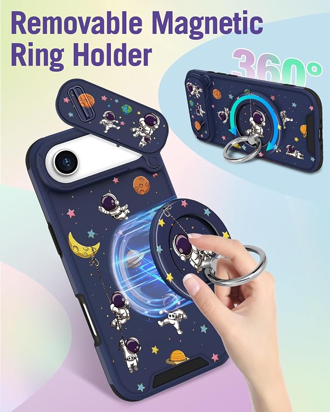 Buleens for iPhone 17 Air Case 6.5 Inch - with Ring Stand & Camera Cover Aesthetic Cute Designed for Women Girls Girly Cartoon Astronaut Phone Case for iPhone 17 Air Compatible with Magsafe - Image 5