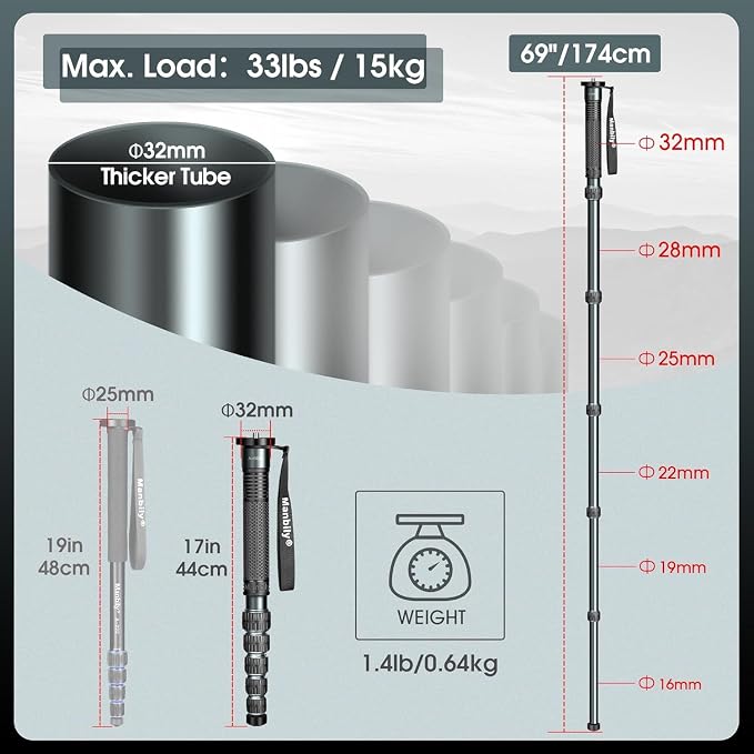 A-666L Camera Monopod - 32mm Aluminum Tube With Walking Stick Handle for DSLR Cameras Canon Sony Nikon - 69" Travel Monopod, 33 lbs/15kg Payload - Image 3