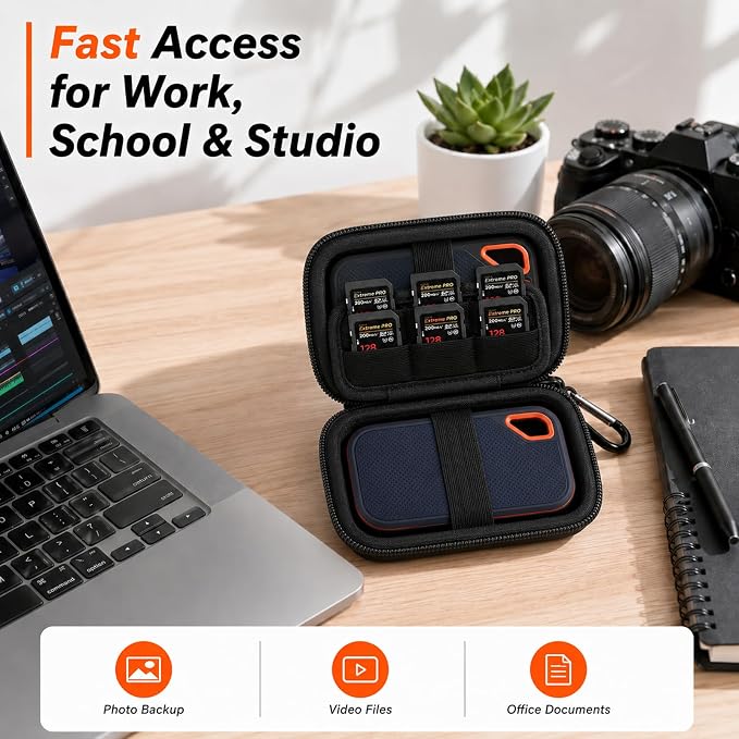 Comecase Dual SSD Case for SanDisk Extreme Portable SSD and Extreme PRO | Holds 2 Drives & 12 SD Cards, Elastic Strap Fit 500GB/1TB/2TB/4TB/8TB, Cable Groove and Carabiner for Travel, Black,Case Only - Image 7