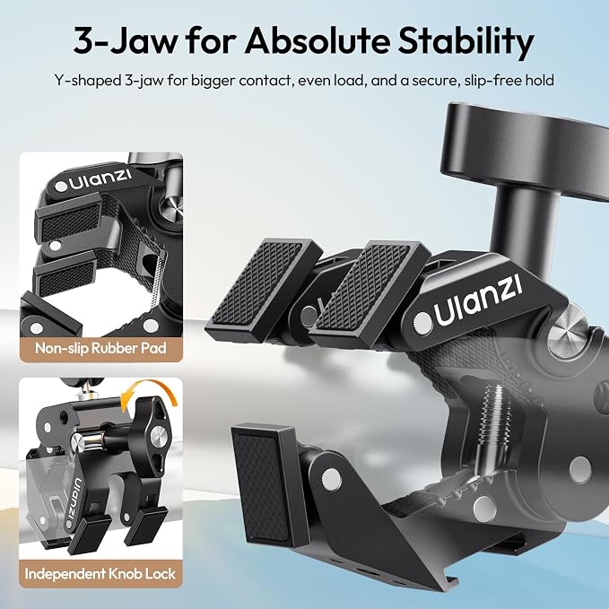 ULANZI CO78 Super Clamp Kit w Magic Arm f Action Cam – 1/4" & ARRI Locating | Pins + Cold Shoe Mount, 3-Jaw & Dual Ball Head Designed for Flexible, Low & High Angle Shot, Load Capacity Within 1kg - Image 4