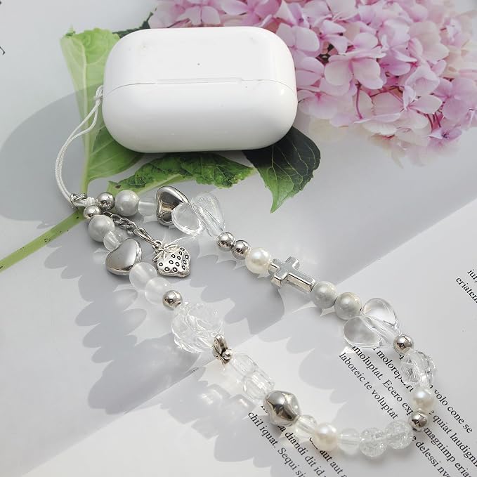 Beaded Camera Wrist Strap,Cute Phone Charm Decor,Pearl Bracelet Wrist Strap | Phone Keychain Decoration for Wallet,Durable Nylon Rope Lanyard,Compatible with all Phone Case,Silver Star - Image 5