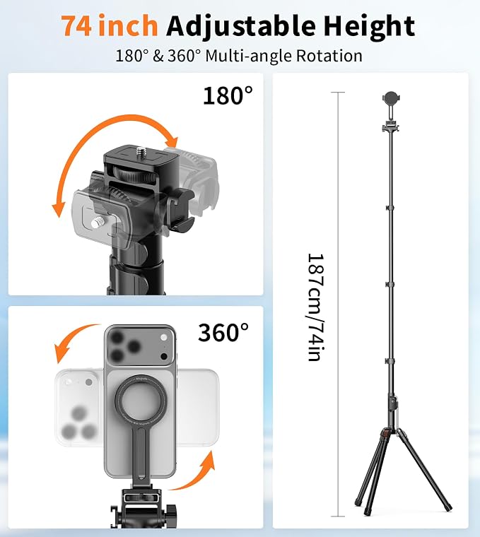 74" Magnetic Phone Tripod with Phone Clip for Magsafe, Camera Tripod | Aluminum Phone Tripod with Remote & Cold Shoe,Camera Stand Tripod for iPhone/Canon/Nikon/DSLR/Digital Camera Accessory Kits - Image 5
