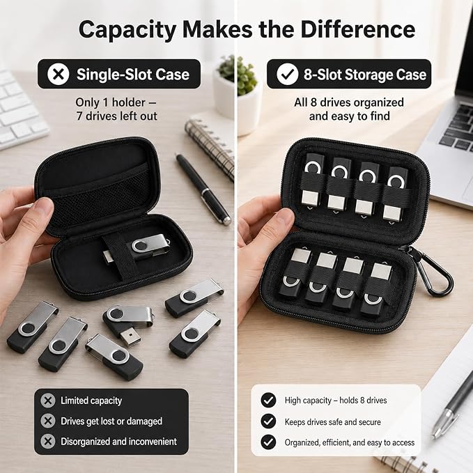 ALKOO Flash Drive Case USB Storage Case, Thumb Drive Holder, Holds 8, Black | Hard Shell, 8 Elastic Slots for USB Drives and SD/Memory Cards, Portable Travel and Office Organizer, Case Only, Black - Image 3