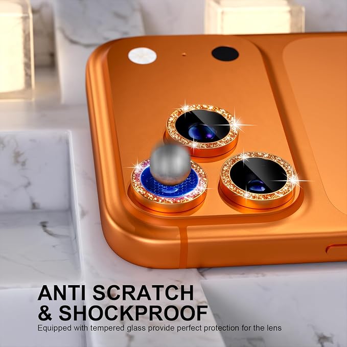 Choiche for iPhone 17 Pro/iPhone 17 Pro Max Camera Lens Protector | Ultra HD, Bling 9H Tempered Glass Camera Cover Screen Protector Metal Ring Decoration Accessories (Glitter-Orange) - Image 4