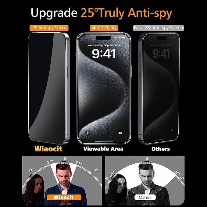 Wiaocit Tempered Glass Privacy Screen Protector for iPhone 15 Pro Max | 3+3 Pack, 9H Hardness, Camera Lens Protector, Installation Frame, Bubble Free, Case Friendly - Image 2