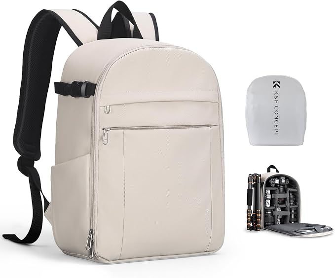 K&F CONCEPT Camera Backpack, DSLR/SLR/Mirrorless Photography Camera Bag | 14in Laptop Compartment & Rain Cover, 600D Fabric for Travel & Daily, Men & Women, Dual-Mode Detachable Dividers, White, B19 by KFCONCEPT