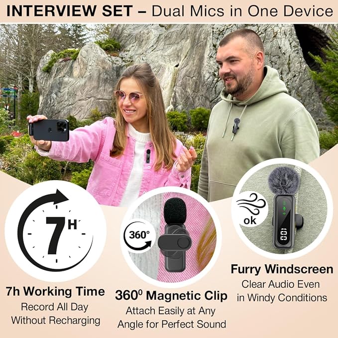Wireless Lavalier Microphone for iPhone & Android, 2 Pack Mini Mic with USB-C/Lightning/USB-A Receiver, Plug & Play No Bluetooth, AI Noise Cancelling Lapel Mic for TikTok YouTube Vlog Podcast - Image 3