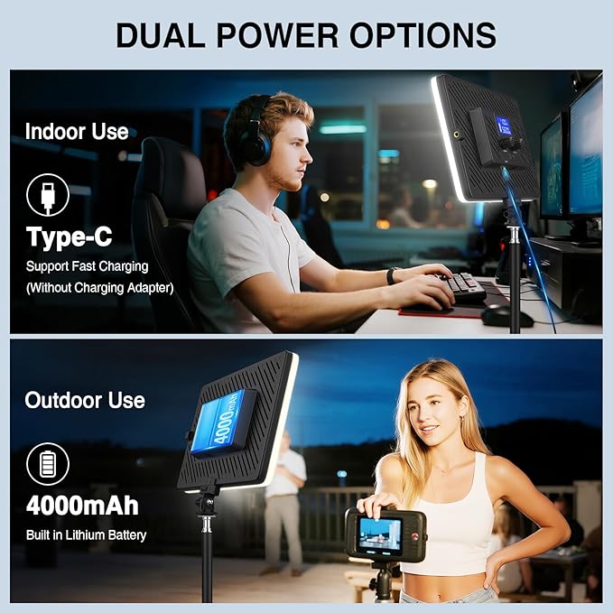 20W LED Video Photography Light Panel, Type C& Built-in 4000mAh | Portable Camera Soft Light, Built-in 4000mAh Battery Type C, 2500K-8500K, For Video Recording Live Streaming, Outdoor Indoor - Image 3