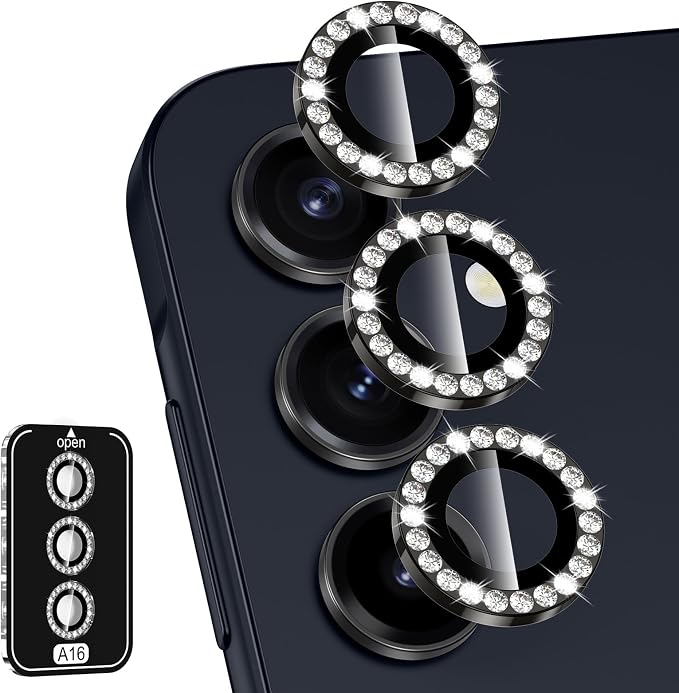 for Samsung Galaxy A16 Camera Lens Protector, Individual Metal Ring Tempered Glass Lens Cover, [Strong Adsorption] Scratch Resistant Ultra-Thin HD Clear Lens Cover, 1 Set-Black Diamond by Btscase