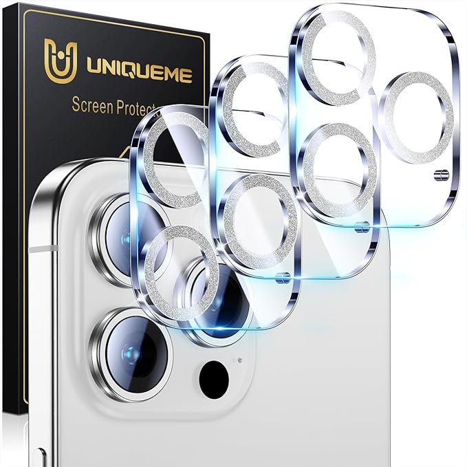 UniqueMe for iPhone 16 Pro/16 Pro Max Camera Lens Protector-Glitter Silver | 3 Pack-Drop Protection, Case Friendly, 9H Tempered Glass, Camera Cover Screen, Update New Version by UniqueMe