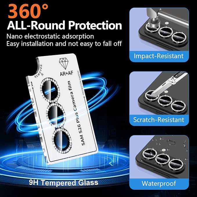 for Samsung Galaxy S26 Plus Camera Lens Protector, Individual Metal Ring Tempered Glass Lens Cover, [Strong Adsorption] Scratch Resistant Ultra-Thin HD Clear Lens Cover, 1 Set-Black Diamond - Image 2
