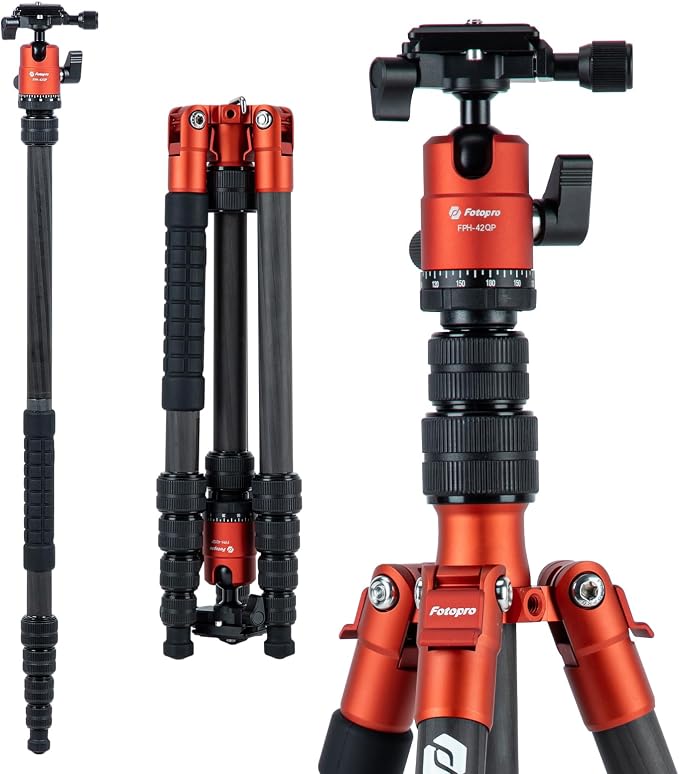 Fotopro 62" Carbon Fiber Travel Tripod, Lightweight Compact Camera Tripod with Ball Head, Detachable Monopod with Arca-Swiss Release Plate and Bag, Load up to 8KG/17.63lbs, Weighs only 2lb. Orange by Fotopro